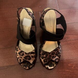Predictions Leopard-Print Open-Toe Heels with Black Ankle Straps